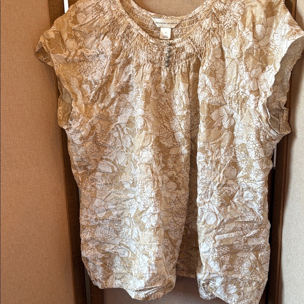 Christopher & Banks Beige Floral Blouse Smocked And Flocked Xl